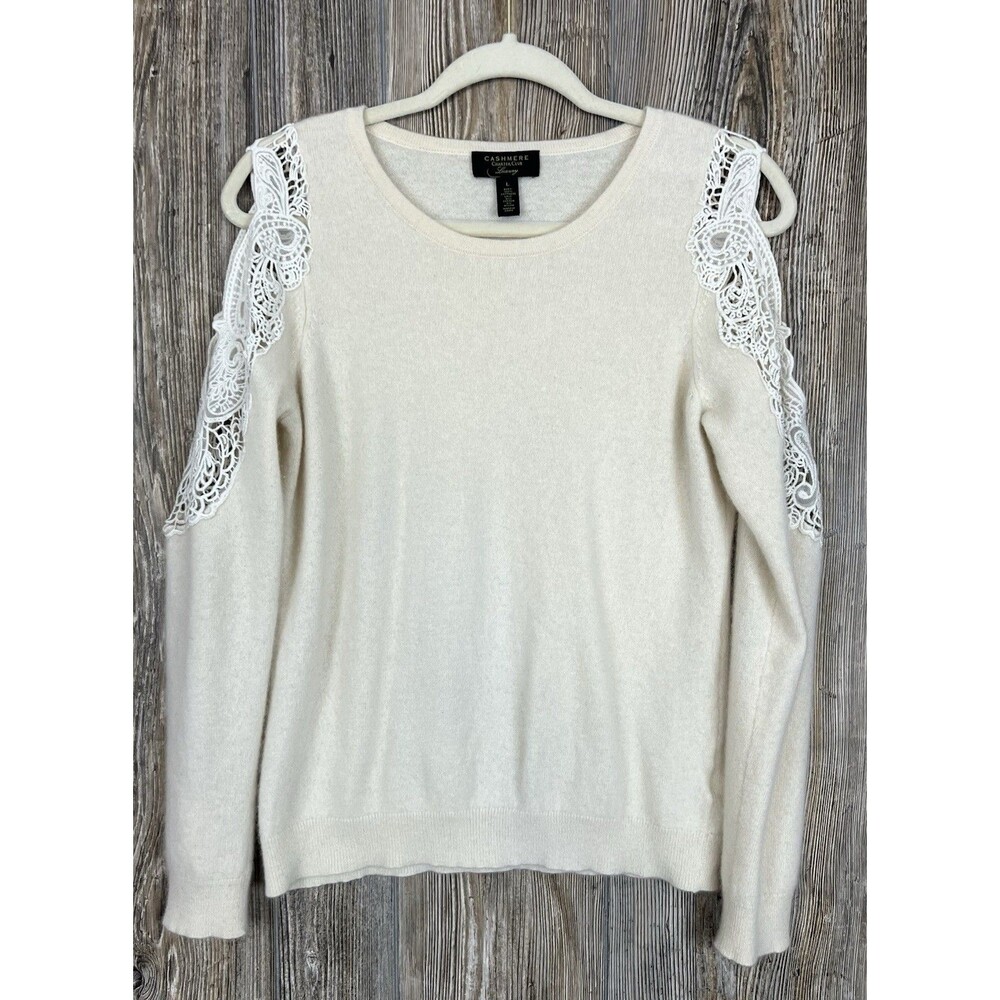 Charter Club Cashmere Sweater Size L Beige Crochet Cold Shoulder Soft Fuzzy Chic